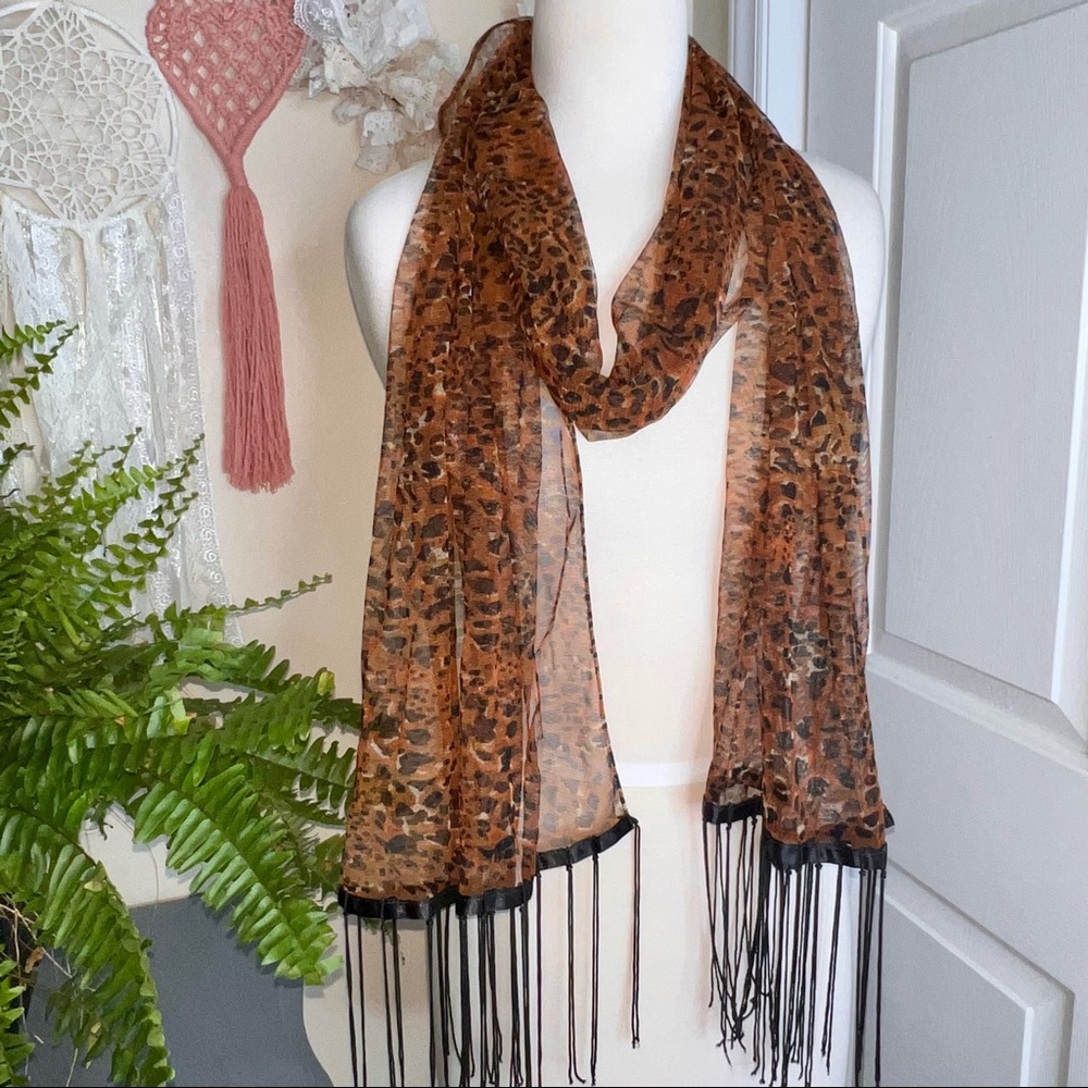 Cheetah Print Rock n Roll Sheer Fringed Scarf
